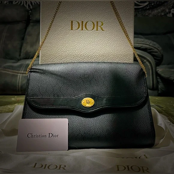 Authentic  vintage Dior Black Leather shoulder bag with Gold Accents make offer - Picture 3 of 17